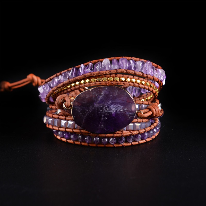 Women's Multilayer Leather Bracelet with Amethyst Stone