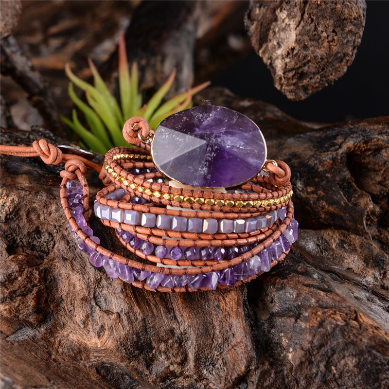 Women's Multilayer Leather Bracelet with Amethyst Stone
