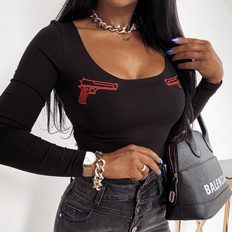 Women's Gun Embroidered Long Sleeve Bodysuit