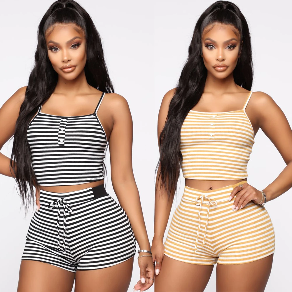 Women's Striped Crop Top and Shorts 2 Pcs Set