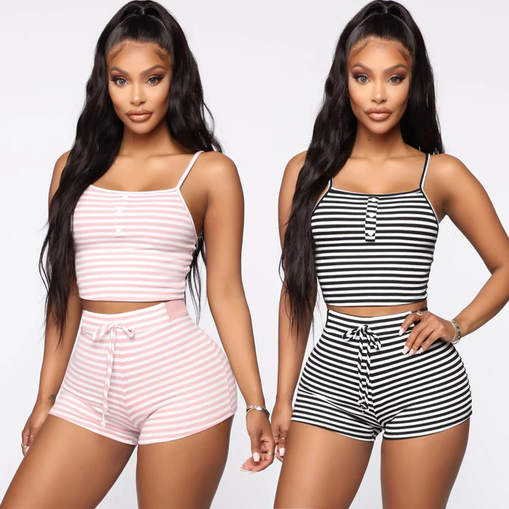 Women's Striped Crop Top and Shorts 2 Pcs Set