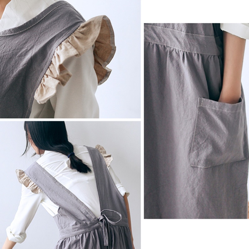 Women's Gray / Khaki Cotton Linen Barista Apron